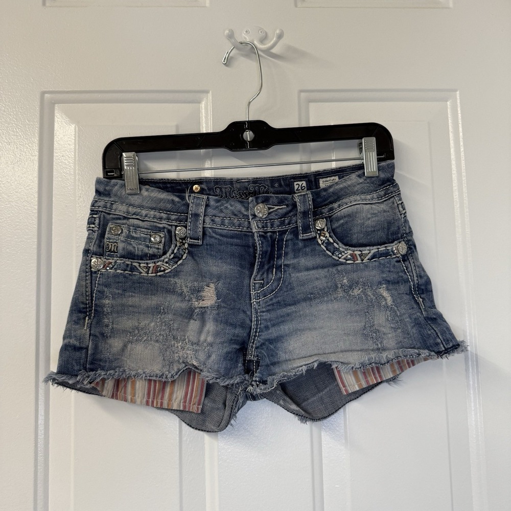 Miss Me Signature Short 26 Striped Embellished Raw Hem Med Wash Distressed